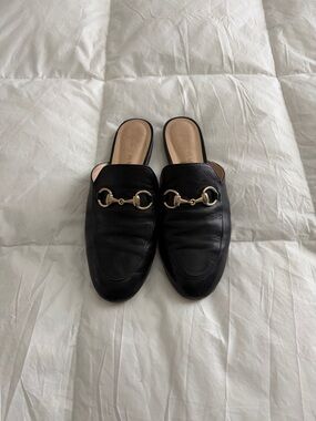 French Sole Black Leather Horsebit Slip-On Mules